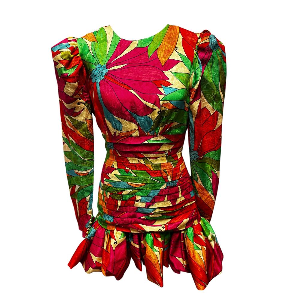 Ronny Kobo Floral Pleated Mini Dress Sz S Multicolor Ruffled Cocktail MSRP $595